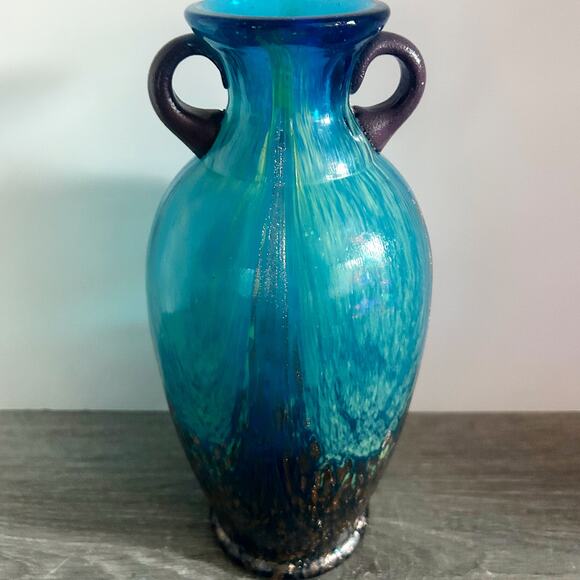Dale Tiffany Favrile Amphora Art Glass Teal Blue Copper Aventurine 10" Vase EUC - Picture 2 of 10